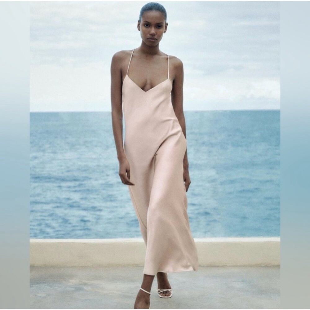 Zara Camisole Slip Midi Dress XS Criss Cross Back Tan Lightweight Y2K Prom L11
